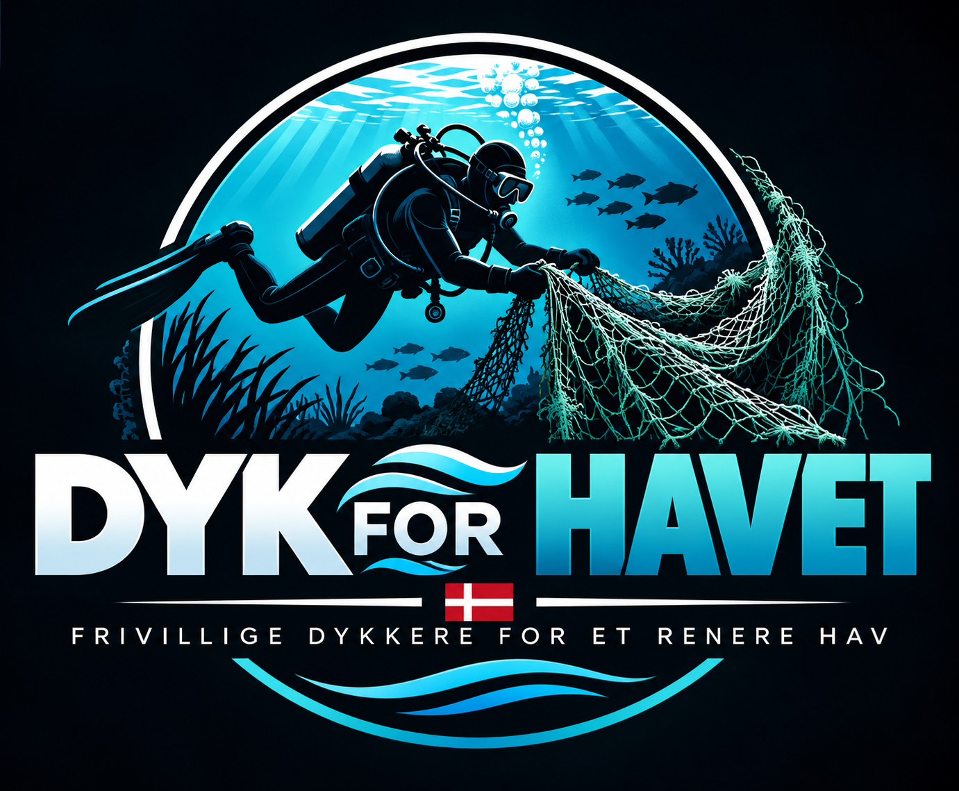 Dyk For Havet — logo med en dykker, der samler spøgelsesnet, og teksten Frivillige dykkere for et renere hav